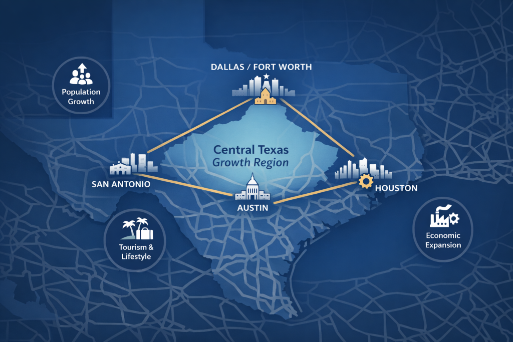 Central Texas real estate investment map showing high growth region within Texas Triangle